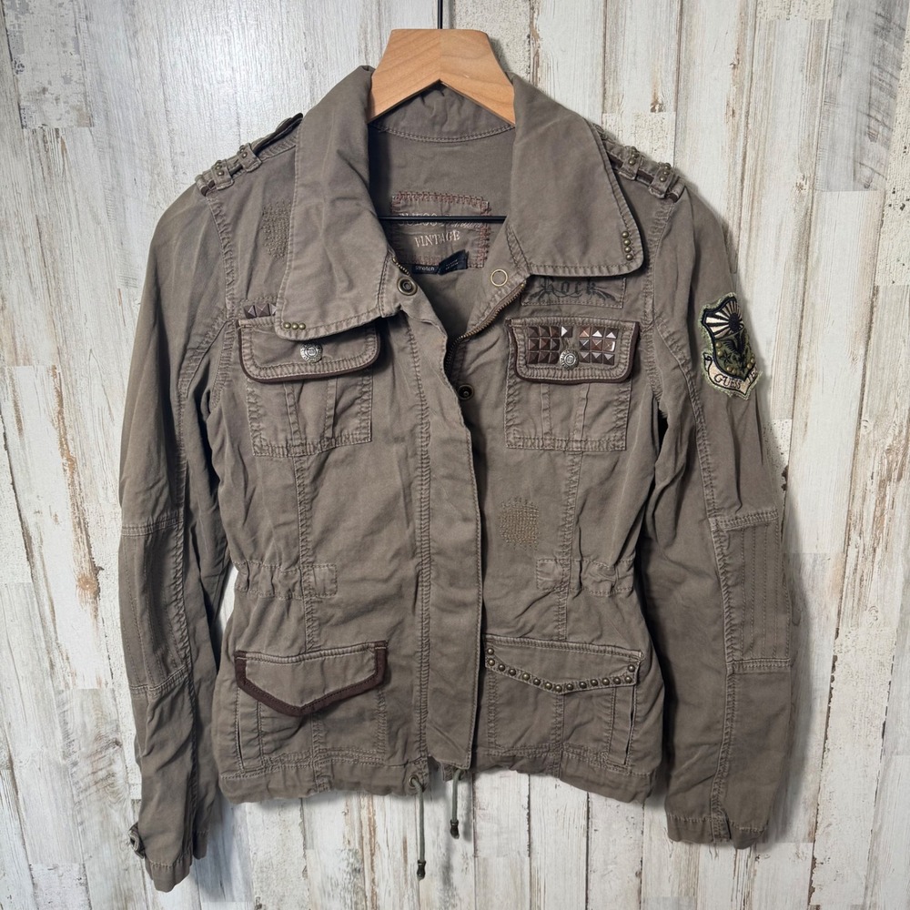 Vintage Y2K Guess Military Style Button Zip Jacket Olive Green Grunge Womens S - Picture 3 of 9